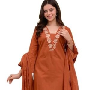 Woman wearing a rust orange embroidered kurta with matching dupatta, posing against a plain background.