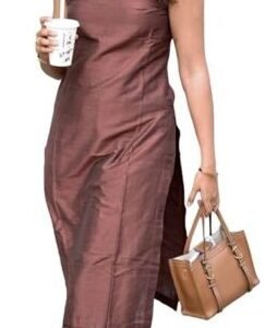 Woman wearing a sleeveless brown kurta set with straight pants, carrying a handbag and coffee cup against a plain background.