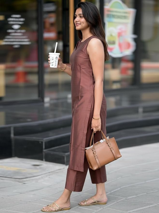 Woman wearing a sleeveless brown kurta set with straight pants, carrying a handbag and coffee cup against a plain background.