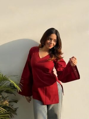 Online Fashion Hub - Stylish maroon V-neck Kurta