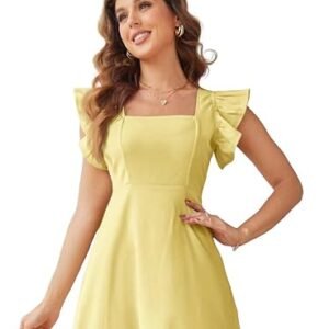 Woman wearing a pastel yellow midi dress with ruffle sleeves and a flowy hem, posing against a plain background.