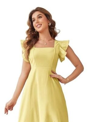 Online Fashion Hub - Woman wearing a pastel yellow midi dress with ruffle sleeves