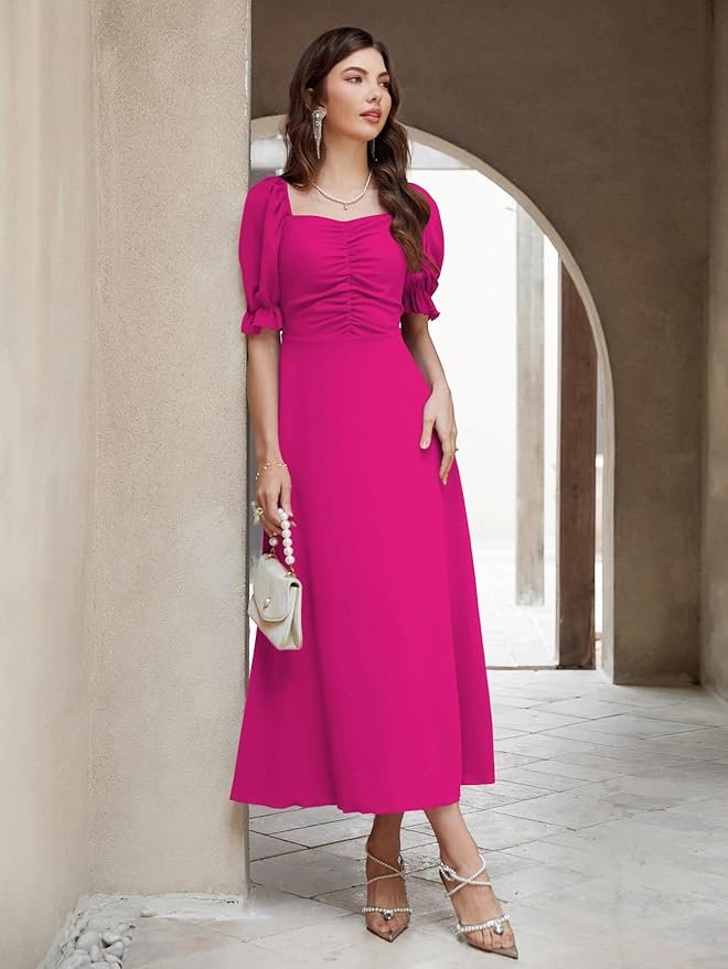 Online Fashion Hub - Elegant woman wearing a bright pink dress