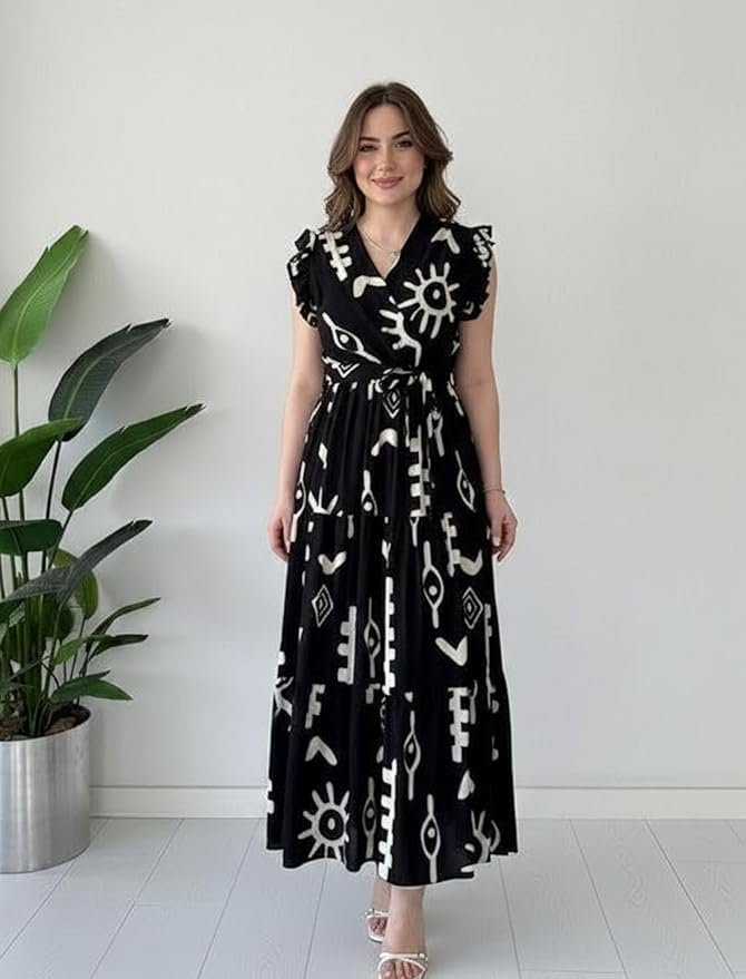 Woman wearing a black printed maxi dress with white abstract patterns and ruffle sleeves, posing indoors near a plant.
