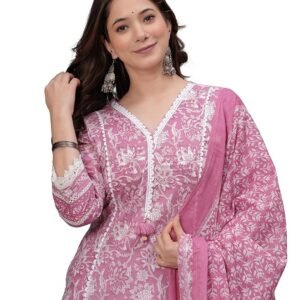 Woman wearing a pink printed ethnic kurta set with matching palazzo pants and floral dupatta against a grey background.