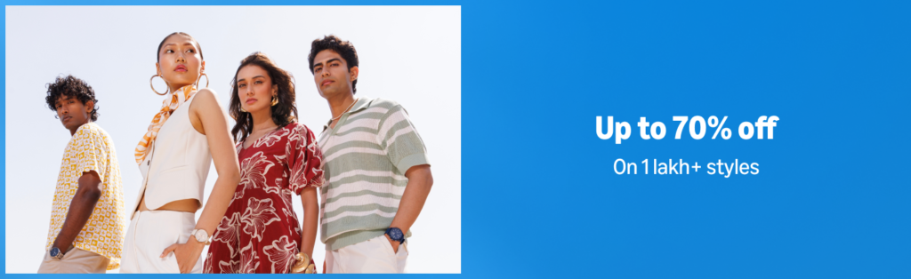 Fashion models showcasing trendy men’s and women’s clothing with promotional text offering up to 70% off on styles.