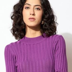 Elegant women’s purple ribbed knit sweater featuring a fitted design, long sleeves, and a soft stretch fabric. Perfect for casual wear, winter layering, office outfits, and everyday fashion styling. Paired with blue jeans for a trendy and comfortable look.