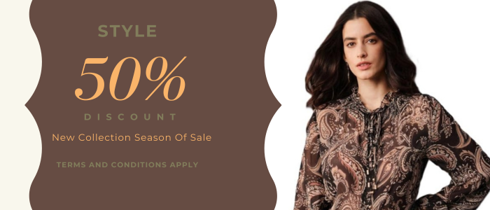 Fashion sale banner featuring a woman in a paisley print blouse with text offering 50% discount on new collection styles.